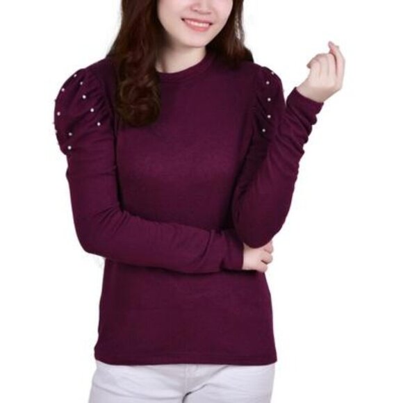 Ny Collection Puff Sleeve Knit Top - Burgundy Enzo - Size Petite Large - NWT - Picture 1 of 5
